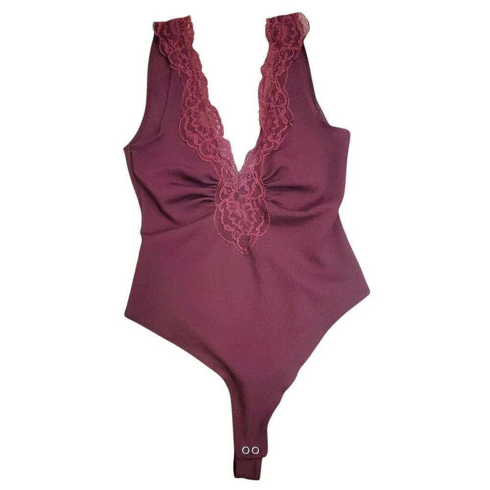 Intimately Free People XS Ribbed‎ Tank Bodysuit Lace Trim V neck Ruched Burgundy